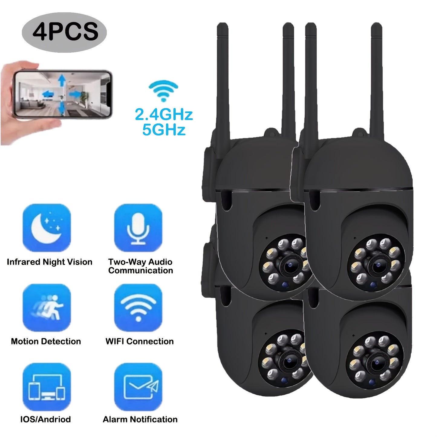 YI IOT 4pcs 2MP HD Wireless WiFi Home Camera Indoor, 1080p/360°/2.4GHz & 5GHz Dual Band Mini Security Cameras, With Audio, Two Way Talk, Automatic Humanoid Tracking, Smart Night Vision Camera