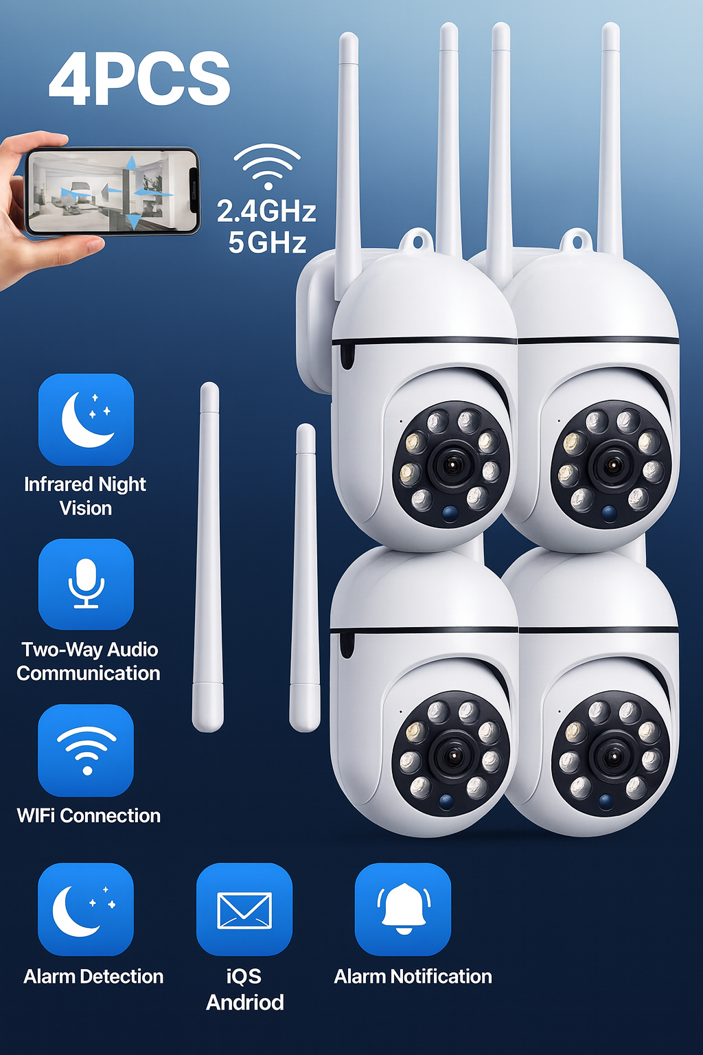 YI IOT 4pcs 2MP HD Wireless WiFi Home Camera Indoor, 1080p/360°/2.4GHz & 5GHz Dual Band Mini Security Cameras, With Audio, Two Way Talk, Automatic Humanoid Tracking, Smart Night Vision Camera